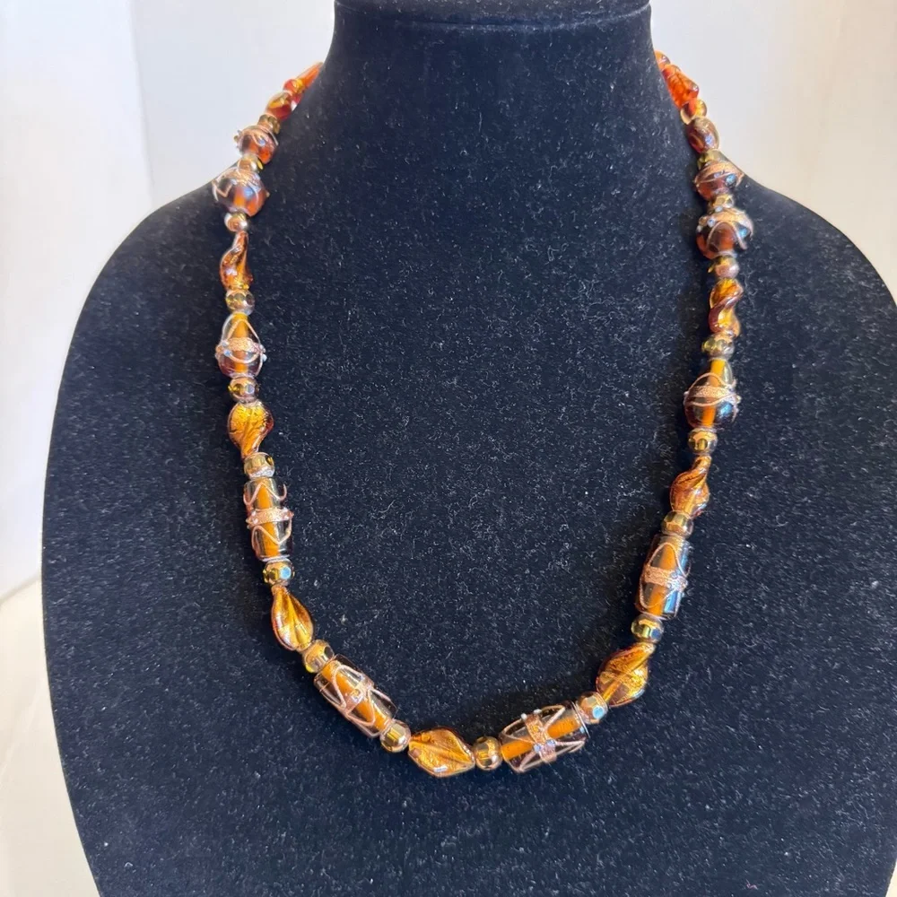 Vintage Brown Amber Color Gold Foil Lampwork Handmade Art Glass Beaded Necklace